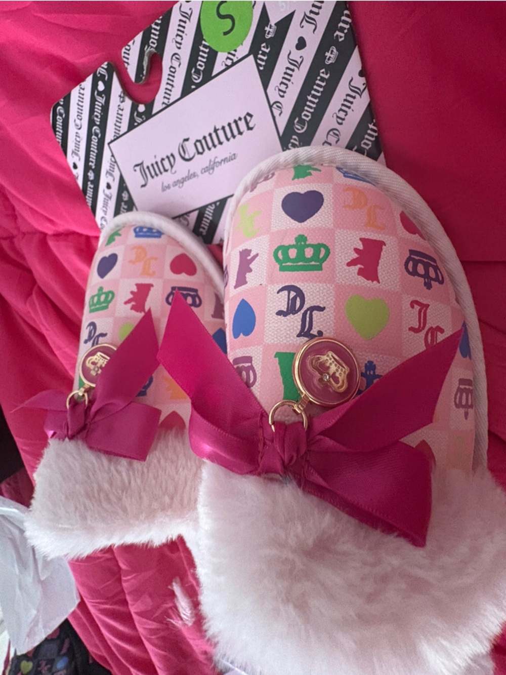 Juicy Couture Pink Faux Fur Logo Print Women’s ' Slippers with Bows
